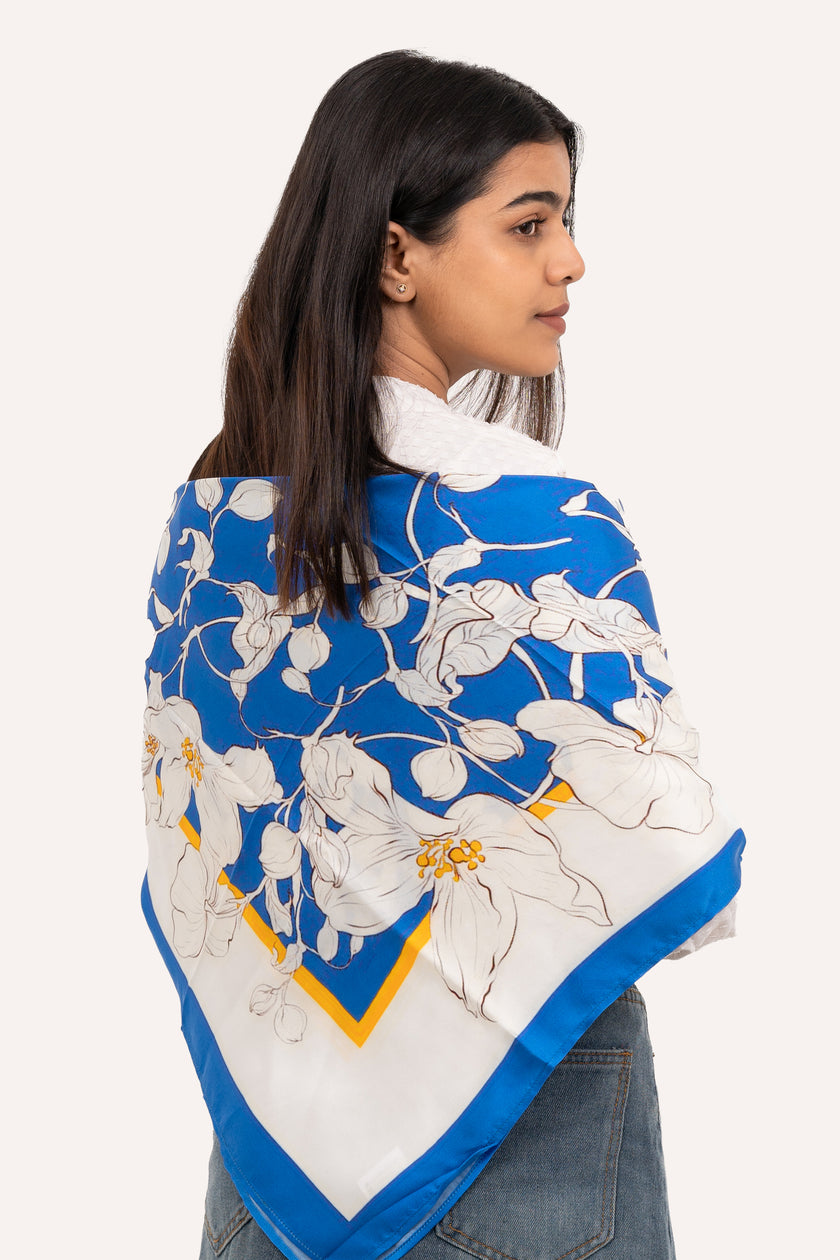 Luxury White Floral Cascade Silk Satin Scarf